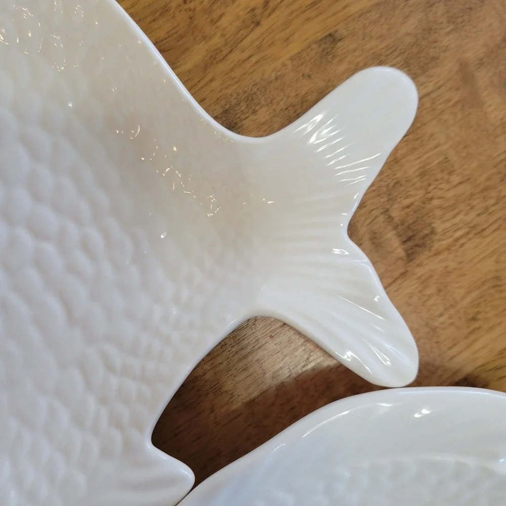 Set of 2 Pottery Barn Seashore Fish Plates  White Ceramic Textured